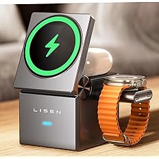 3 in 1 Charging Station for Apple, iPhone Mag-Safe Charger, Qi2 Certified, Rotating Wireless Charger Stand.